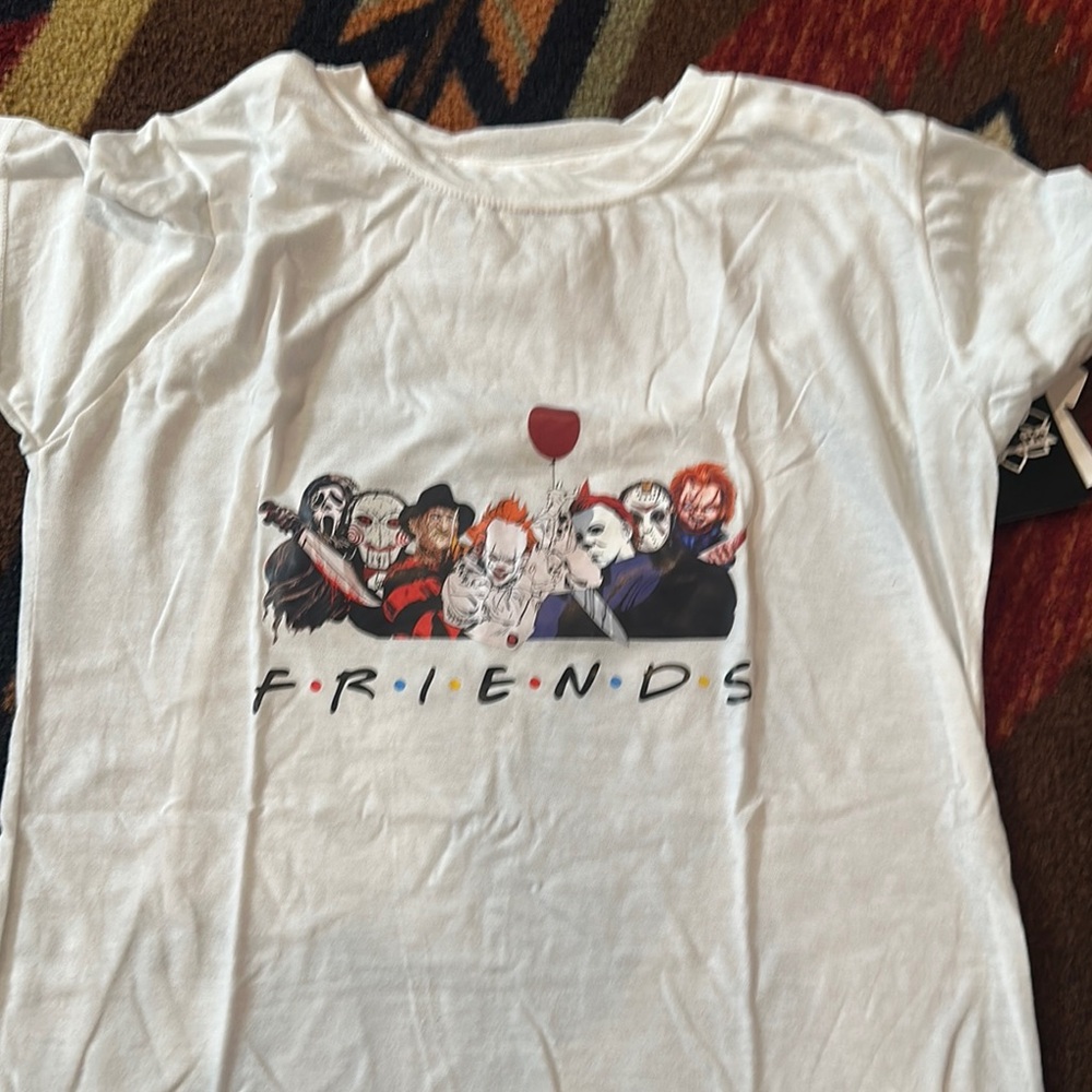 White Short Sleeve Tee with Friends Graphic Print